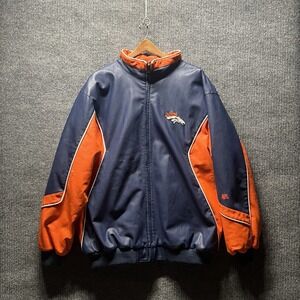 Denver Broncos Faux Leather Jacket Mens XL Navy Blue Orange NFL *READ*